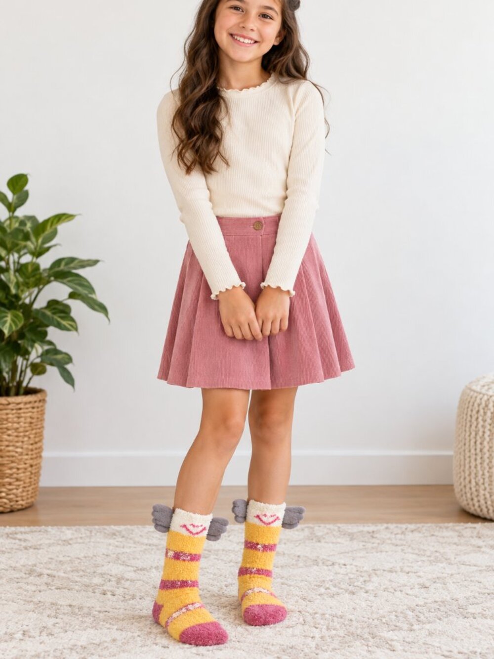 Sweetnana Caterpillar Fuzzy Crew Socks Yellow Pink Striped 3D Wings